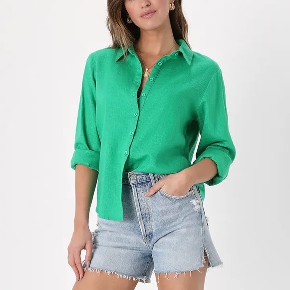 NWT Lulus Breezy Energy Green Linen Long Sleeve Button-Up Top Size Small - Picture 2 of 4